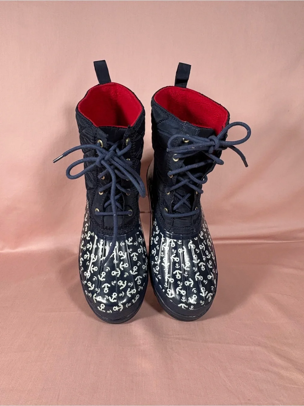Sperry Women's Saltwater Duck Boot Navy Anchor Print Quilted STS90705 Size 8